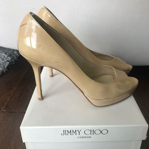 Jimmy Choo Peep Toe Platform Patent Nude Pump